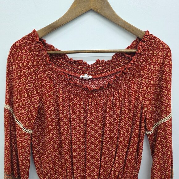 Boho Crochet Trim Off Shoulder Romper Rust Red‎ Womens Size M Festival En Crème - Picture 6 of 12